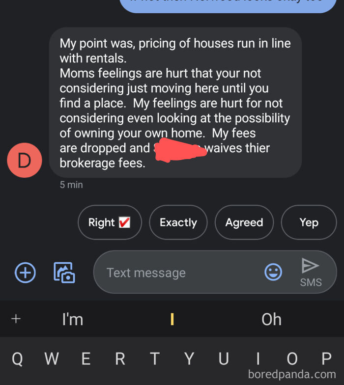 Text message about house pricing and feelings on owning a home and brokerage fees