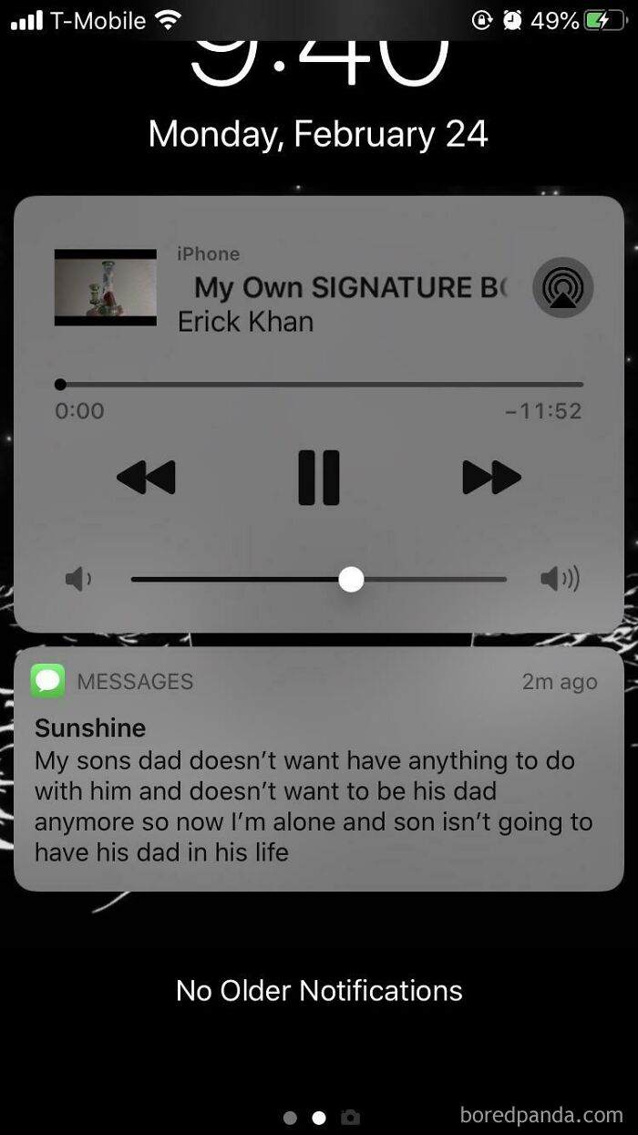 Phone notification with a sad message about a son's father abandoning him