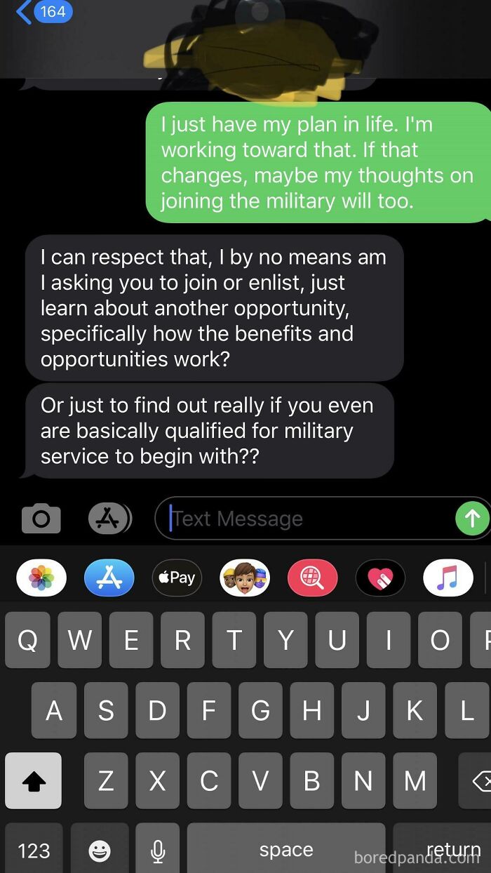 Text exchange about life plans and military service inquiry