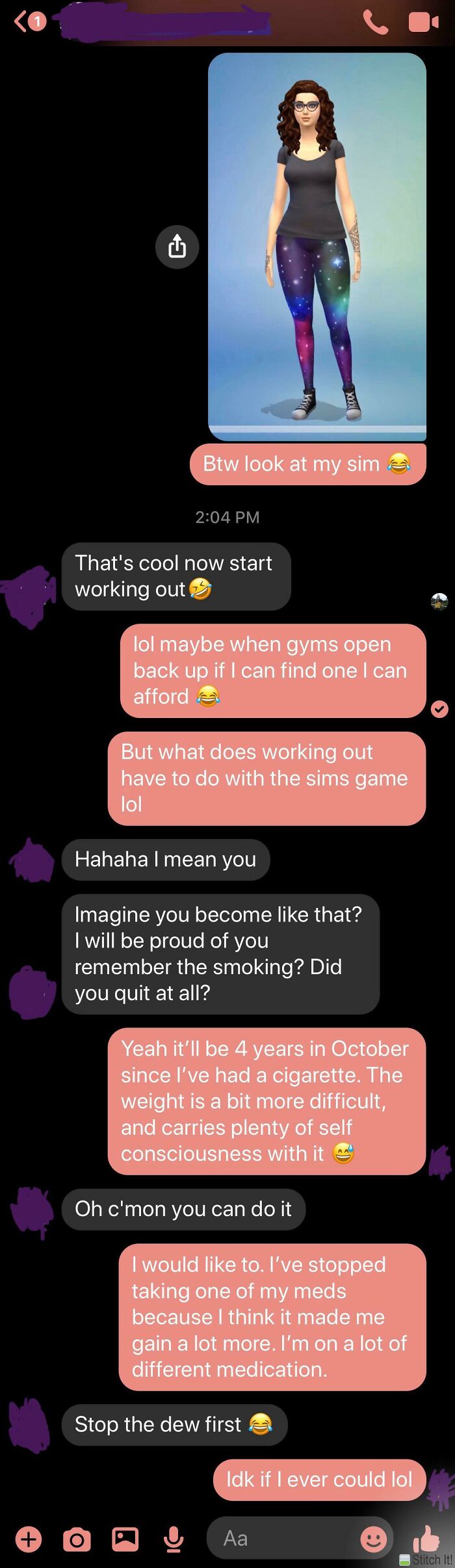 Text message showing a Sims character and conversation about working out and quitting smoking