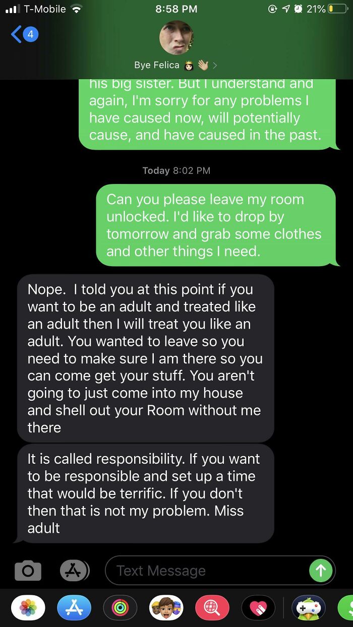 Text message about responsibility and accessing a locked room