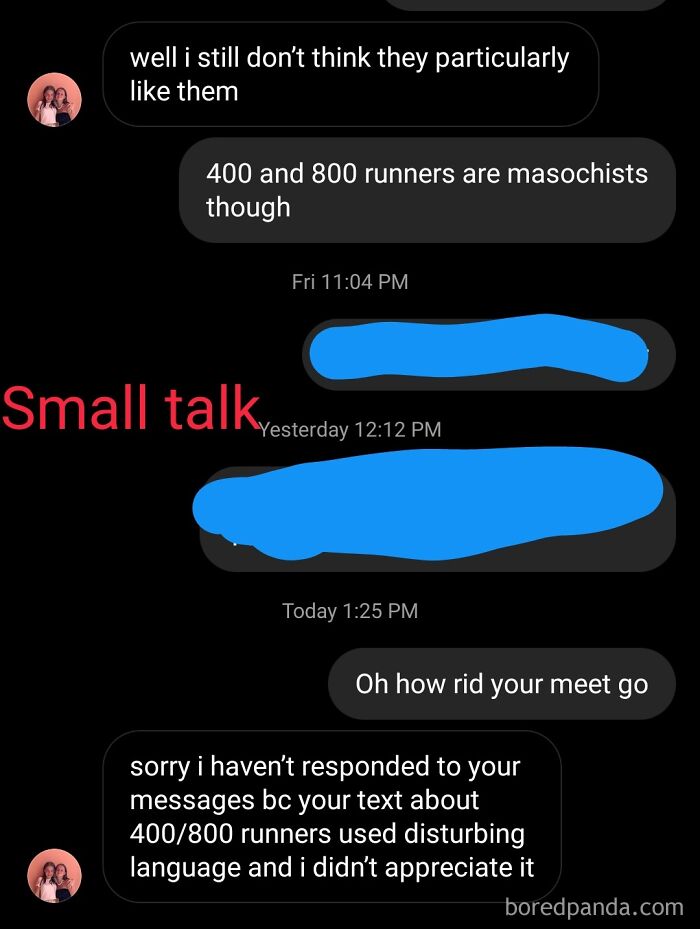 Conversation about 400 and 800 runners using disturbing language
