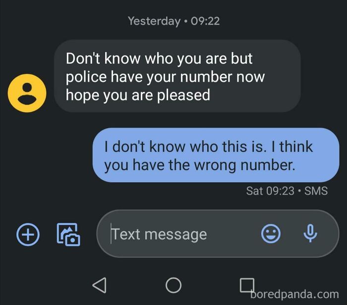 Text conversation about wrong number and police involvement