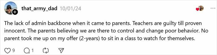 Post discussing lack of administrative support and issues with parents leading to teachers quitting