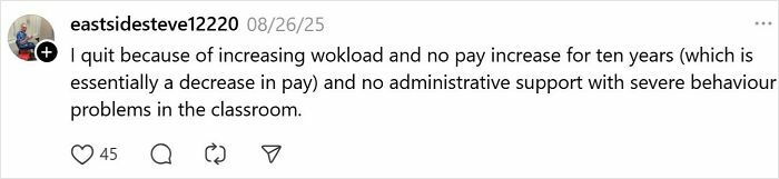Teacher's message about quitting due to workload, no pay increase, and lack of admin support