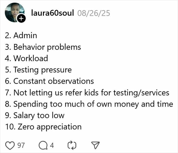 List of top reasons teachers quit including behavior problems, workload, low salary, and zero appreciation
