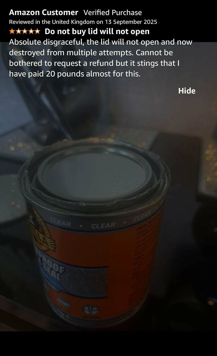 Funny online reviews showing a product with a lid that will not open, causing customer frustration.