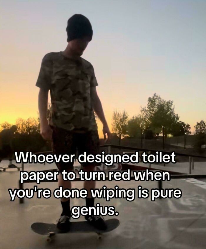 Skateboarder with text praising genius toilet paper design that changes color when done wiping