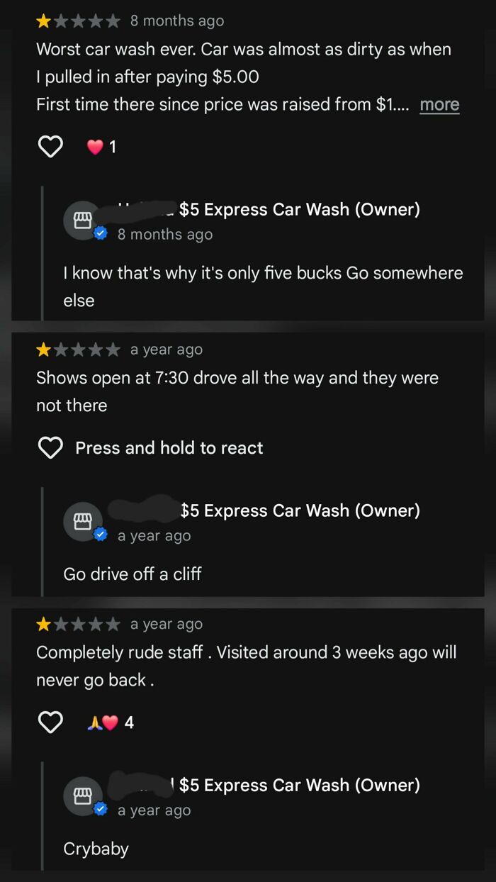 Funny online reviews: Three sarcastic and funny responses from a car wash owner to negative customer reviews.