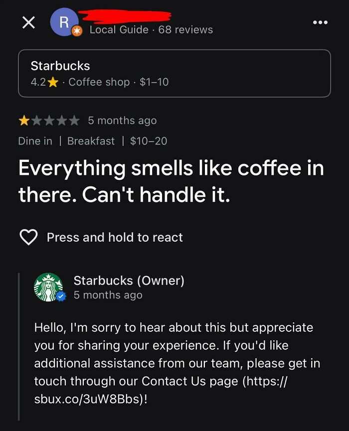 Funny online reviews: A humorous Starbucks review where a customer complains about the smell of coffee.