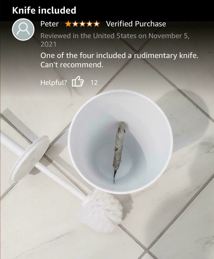 Screenshot of an online review showing a rudimentary knife found inside a toilet brush holder.