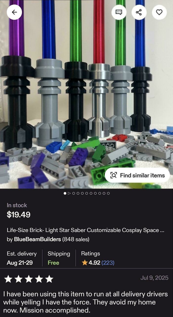Image of custom lightsabers and a funny online review about using the item to run at delivery drivers.