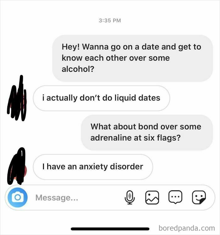 Text exchange about anxious response to date invitation over alcohol and adrenaline