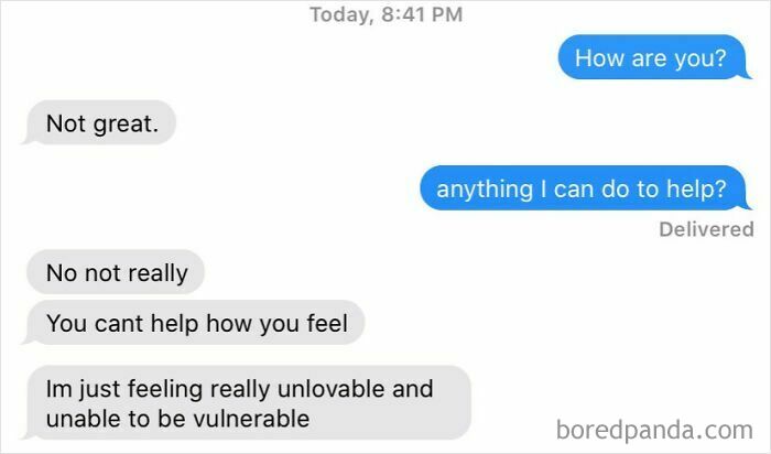 Text conversation about feeling unlovable and unable to be vulnerable