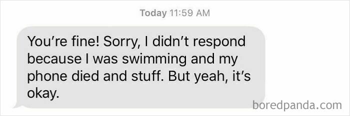 Apology message explaining missed response due to swimming and d**d phone