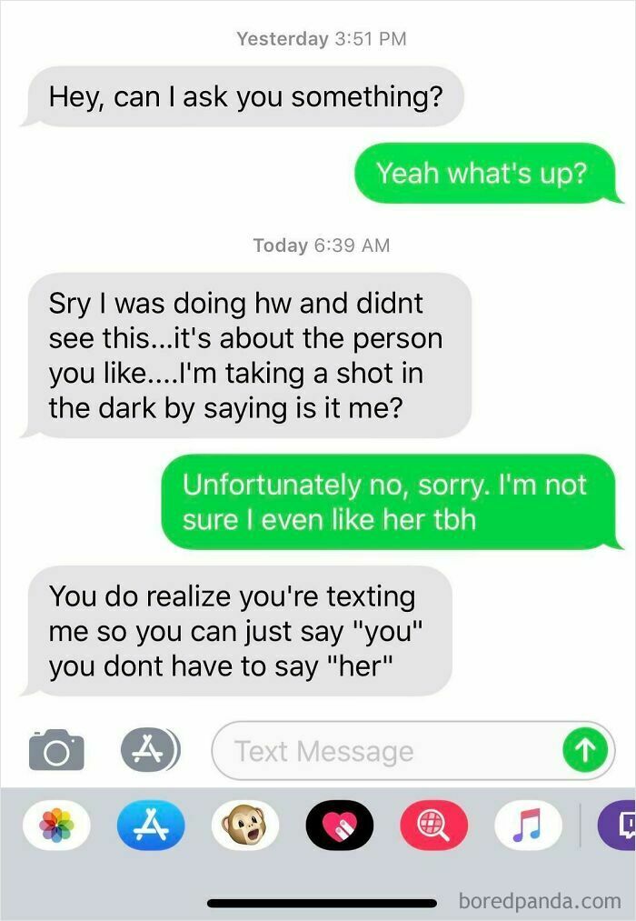 Text exchange about misunderstanding feelings with a crush
