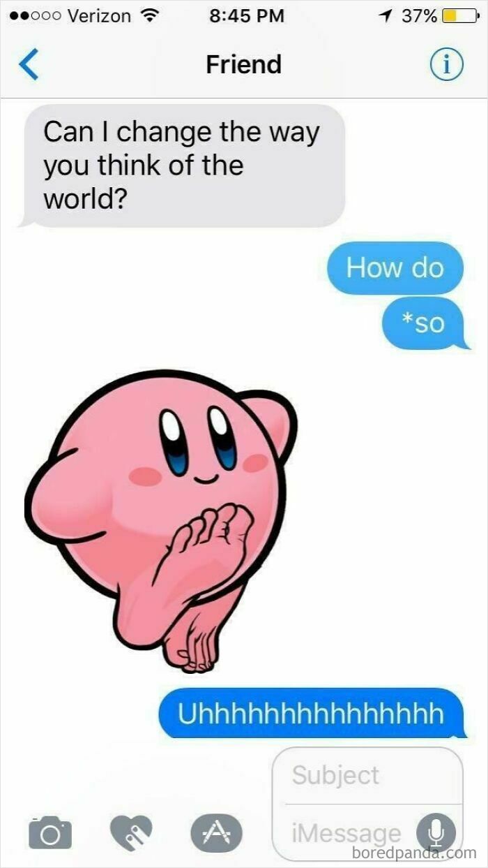 Text message with Kirby image about changing worldview in concerning messages