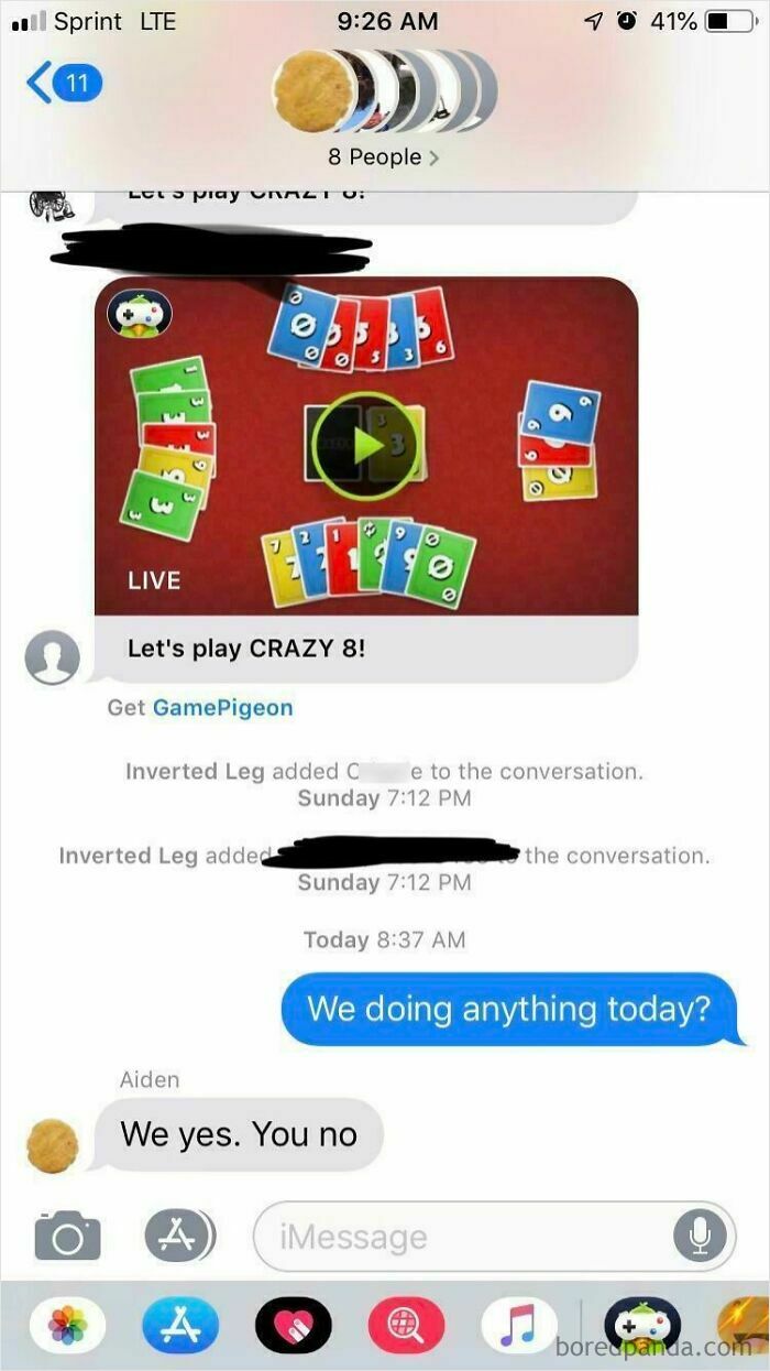 Text inviting to play Crazy 8 card game with brief replies