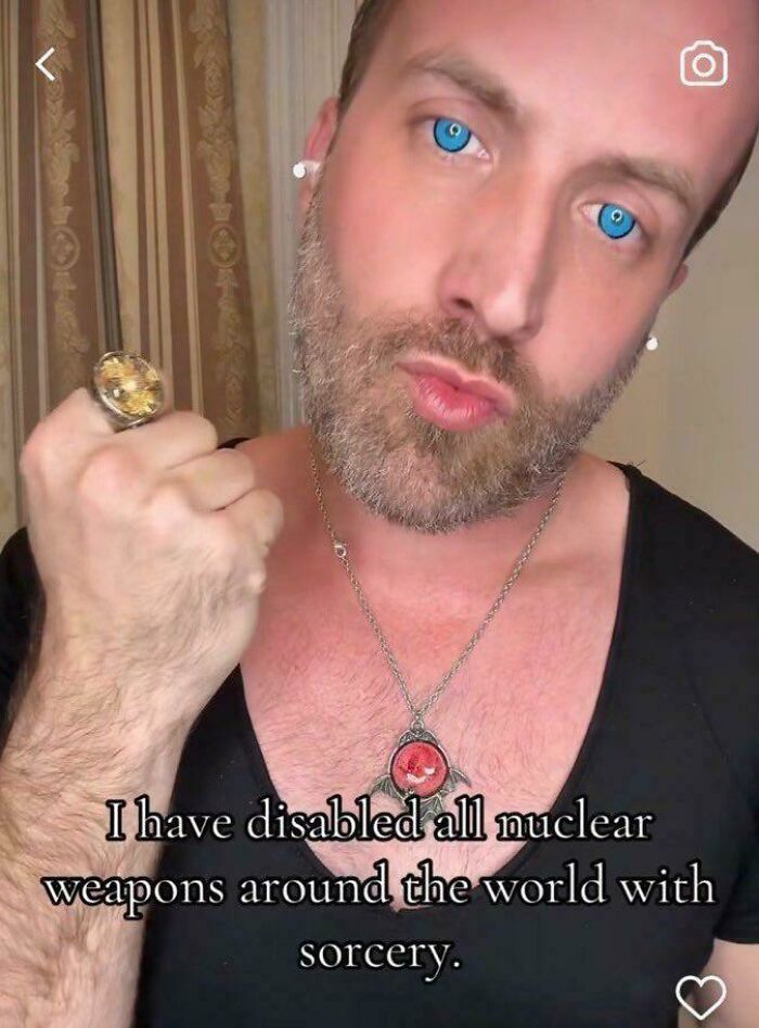 Man with blue eyes claiming to disable nuclear weapons with sorcery