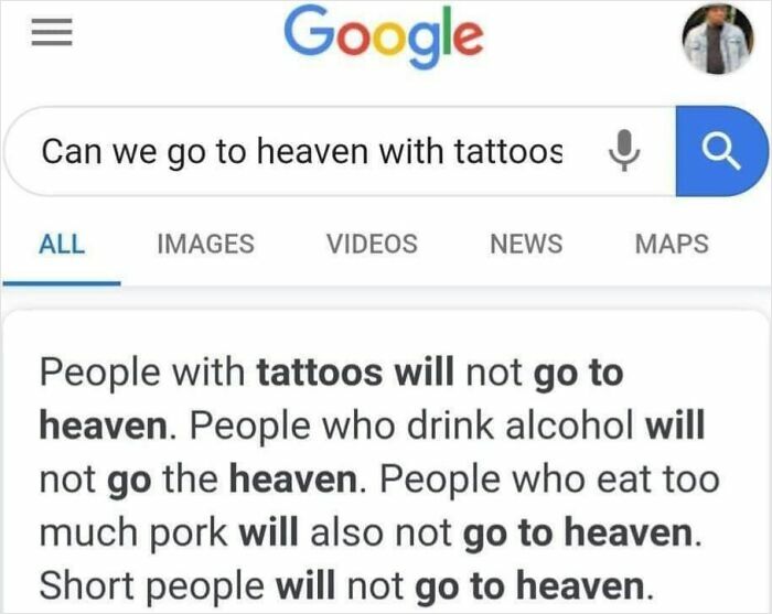 Google search result humor on tattoos and who goes to heaven
