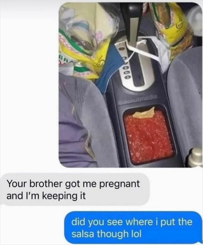 Car console accidentally filled with salsa shown in a funny text exchange