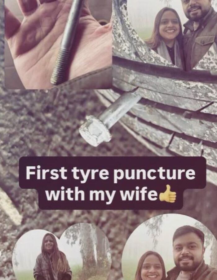 Couple's first tire puncture with bolt in tire and selfies