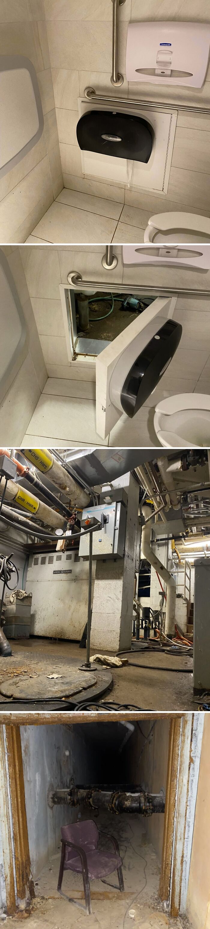 Bathroom with a hidden door behind paper towel dispenser in forgotten urban spot