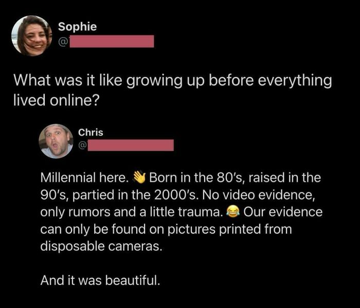 Tweet describing growing up as a millennial before everything lived online