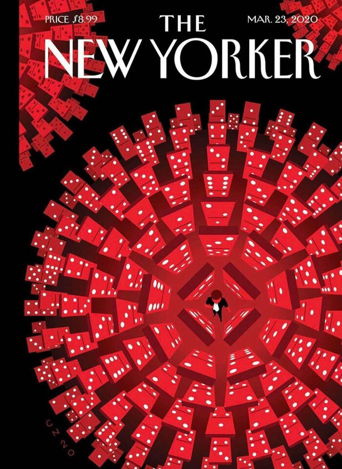 The New Yorker cover art featuring a domino spiral design and a person in center