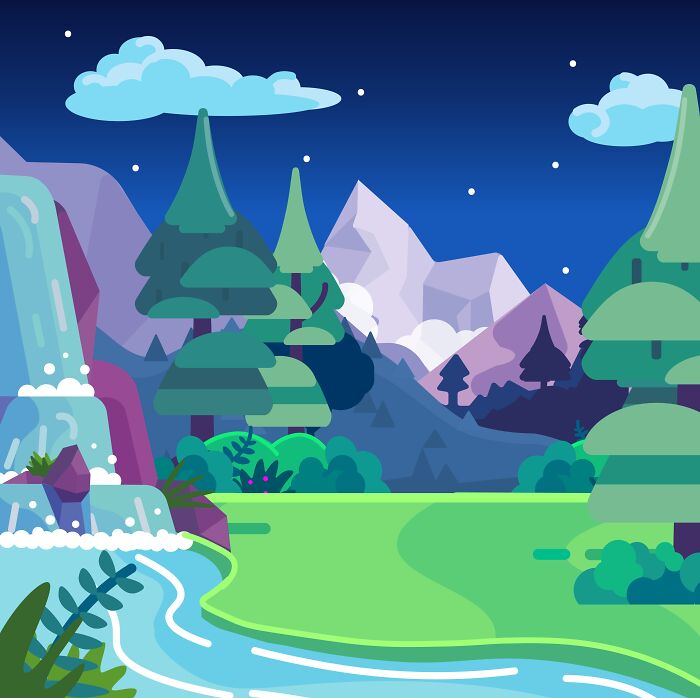 Creative nature illustration with mountains, trees, river, and waterfall at night
