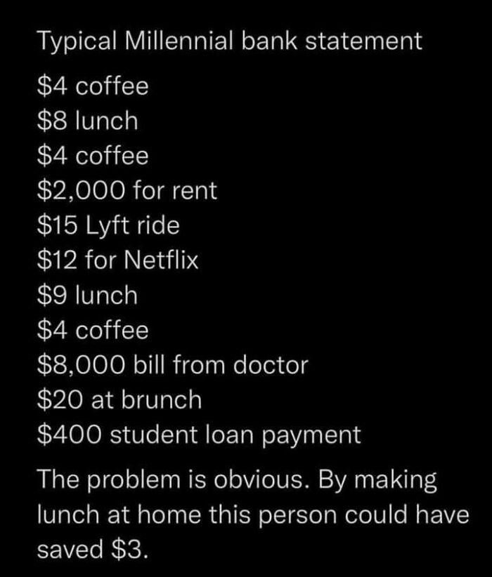 Text listing a typical millennial bank statement with expenses and student loans
