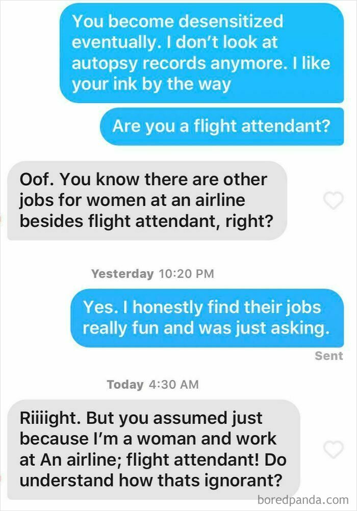 Concerning texts about flight attendant job assumptions in dating messages