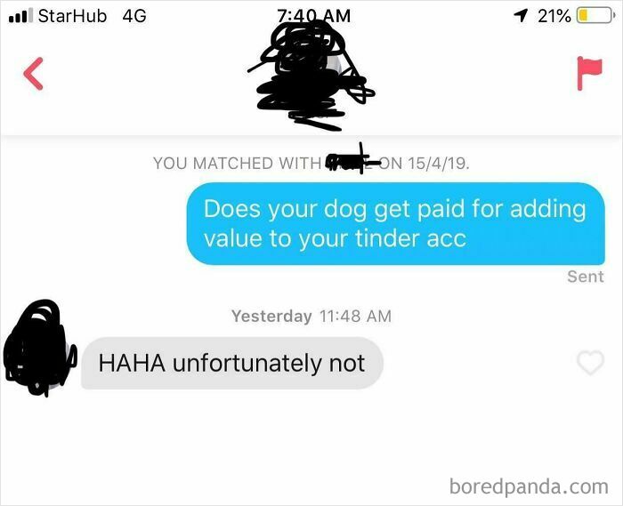 Dating app message about dog adding value to Tinder account