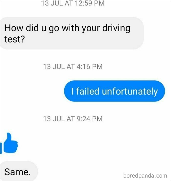 Screenshot of texts about failing driving test and mutual failure response