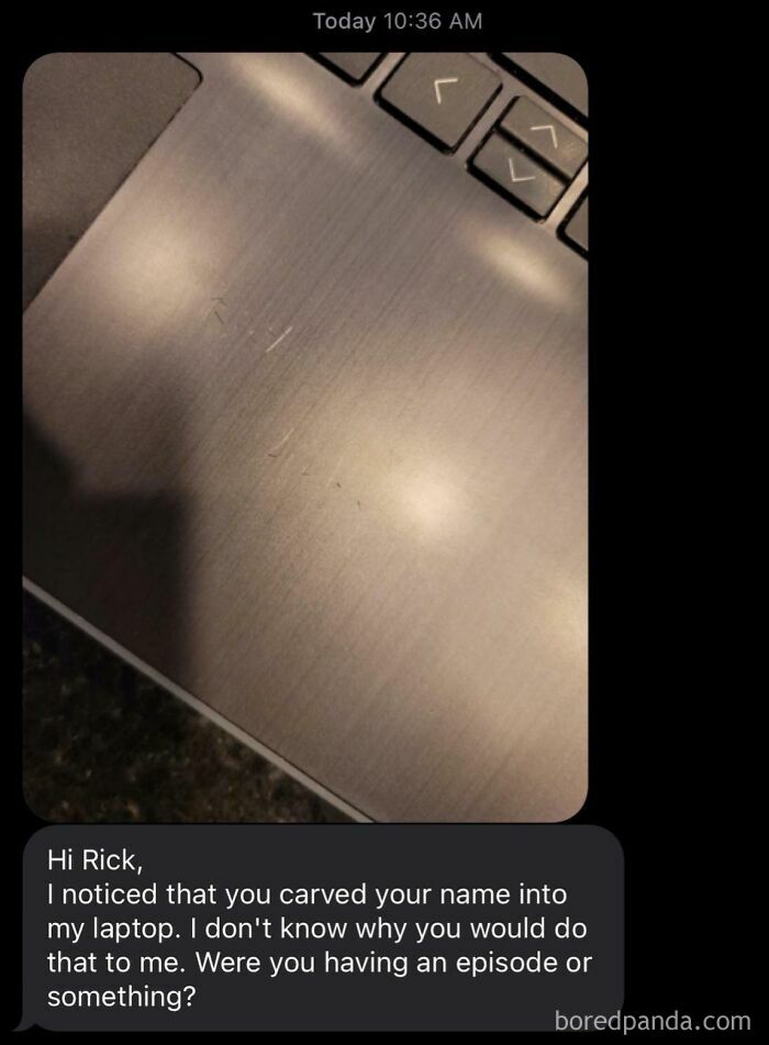 Text message about carving name into a laptop
