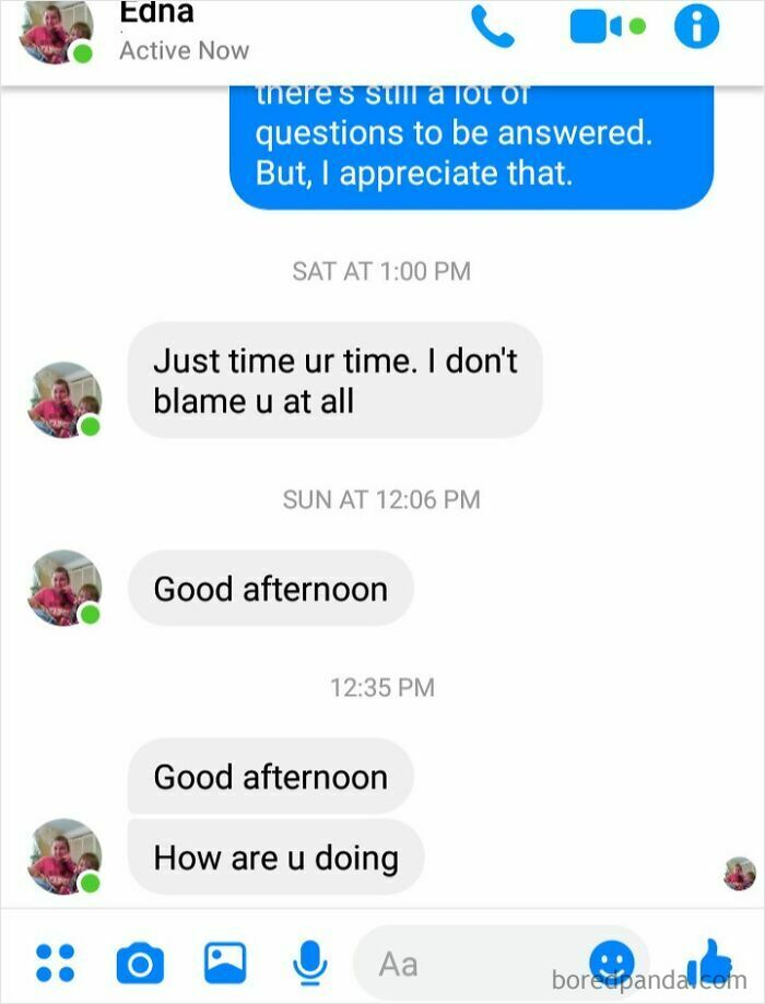Facebook messages repeatedly saying good afternoon and asking how you are