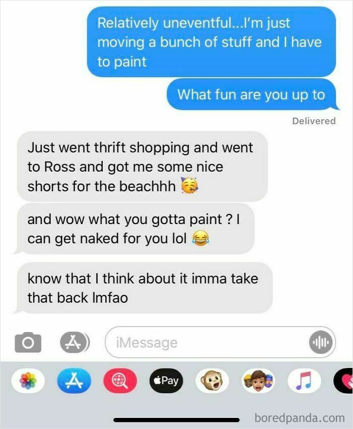 Text conversation about painting and awkward offer with humor