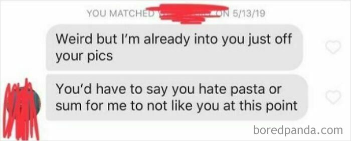 Dating app message showing interest based on pictures and pasta preference