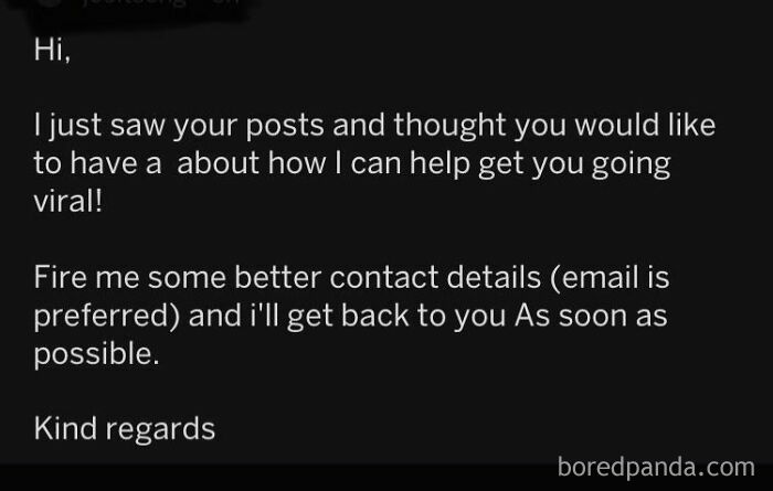 Message offering help to go viral and requesting better contact details