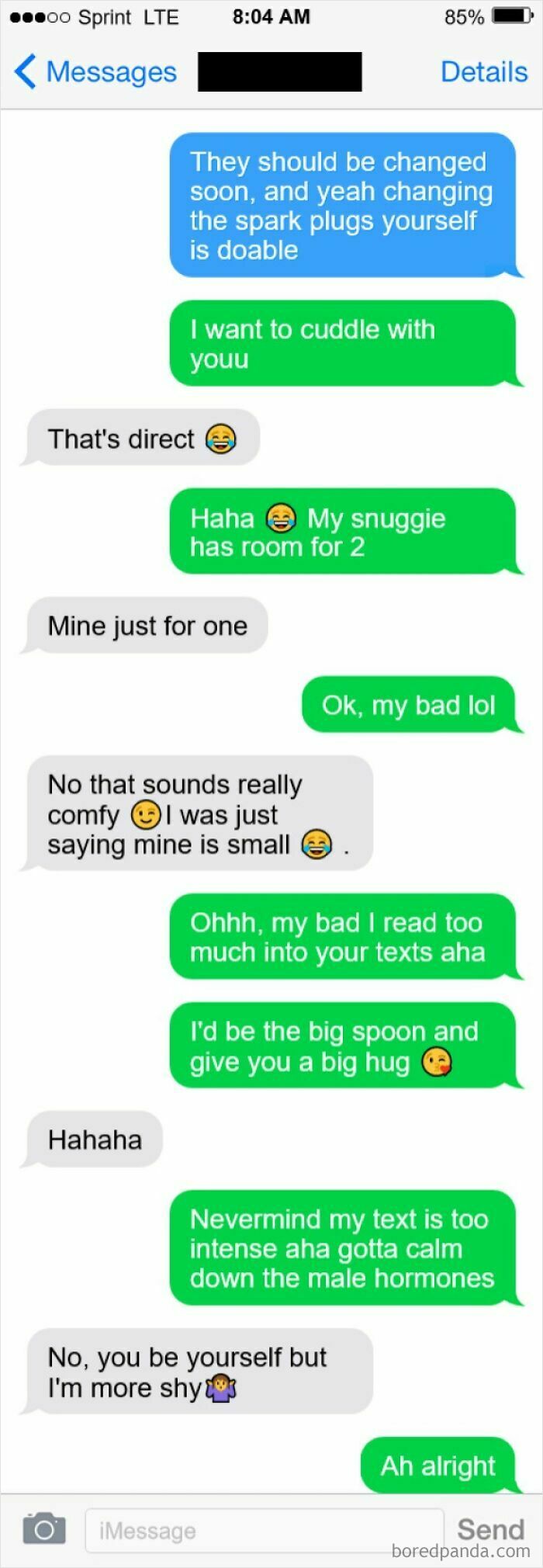 Text conversation about wanting to cuddle and playfully discussing space in a snuggie