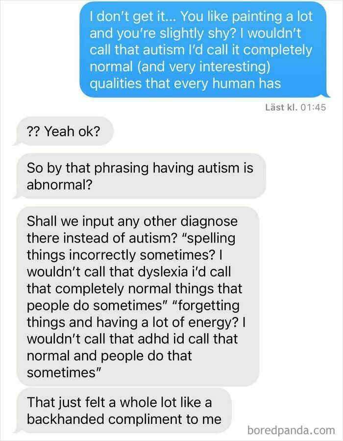 Text discussion on autism diagnosis and normal traits in people