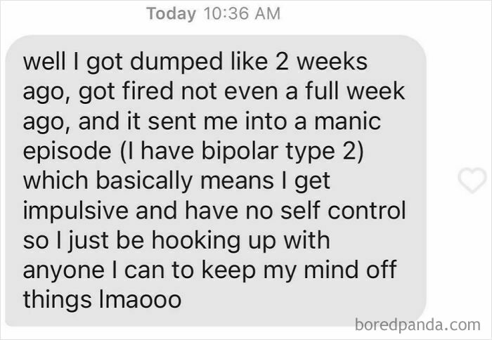 Text message about bipolar type 2 impulsive behavior after breakup and job loss