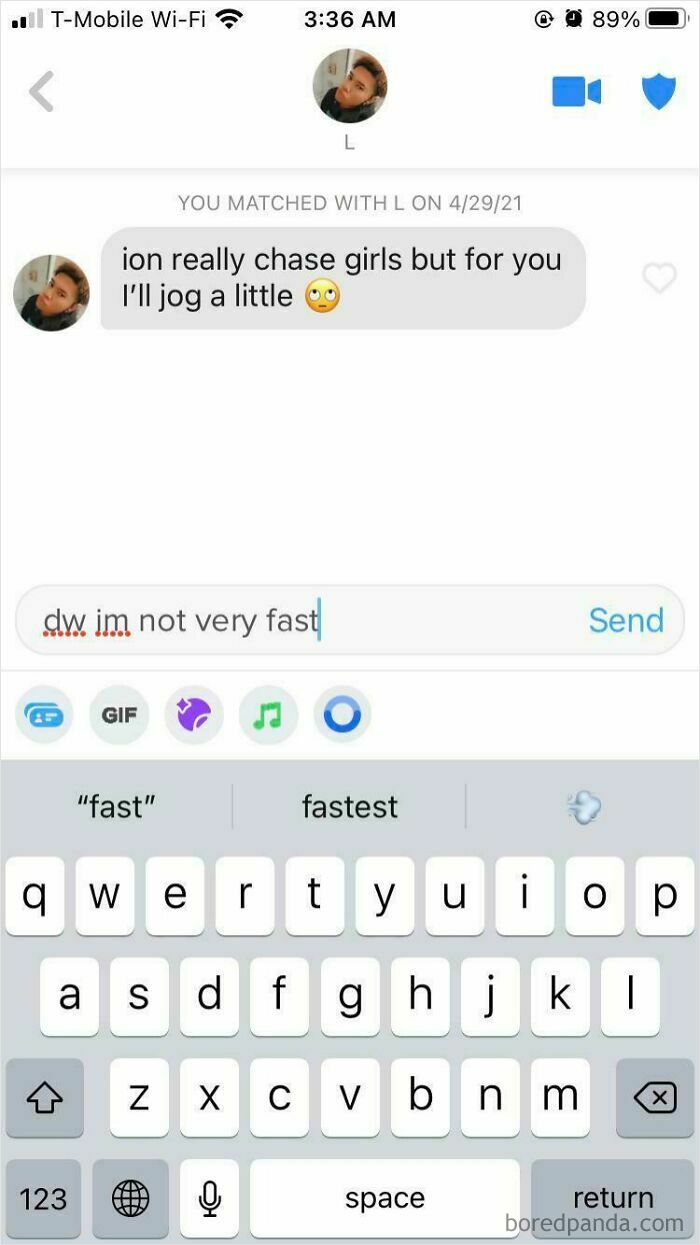 Dating app message joking about jogging for someone