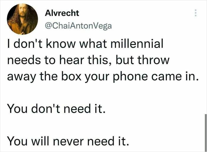 Tweet advising millennials to discard their phone box