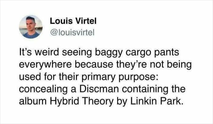 Millennials joke about cargo pants no longer used to conceal Discman with Linkin Park album