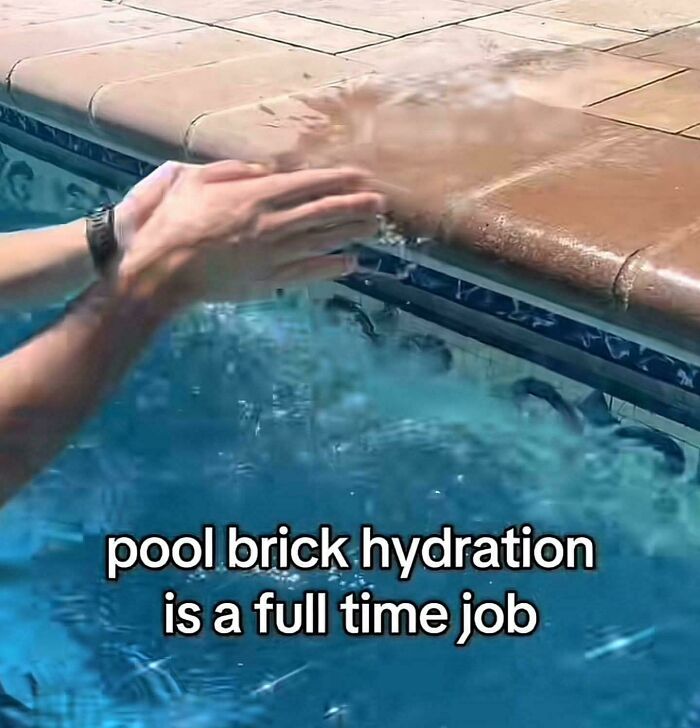 Pool brick hydration full time job hands splashing water on brick edge