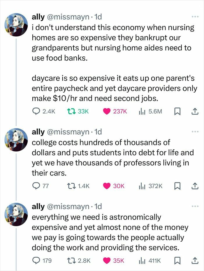 Series of tweets on high costs in nursing homes, daycare, college, and unfair wages
