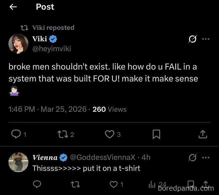 Tweet stating broke men shouldn't exist in a system built for them