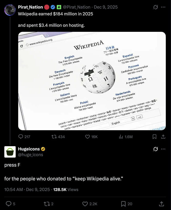 Tweet about Wikipedia earning $184 million in 2025 with a screenshot of Wikipedia homepage