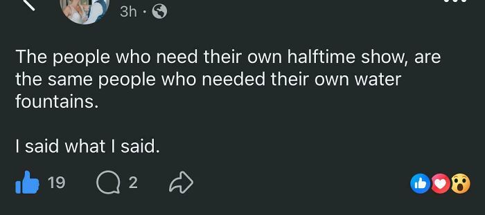 Funny bizarre screenshot of social media post about halftime shows and water fountains